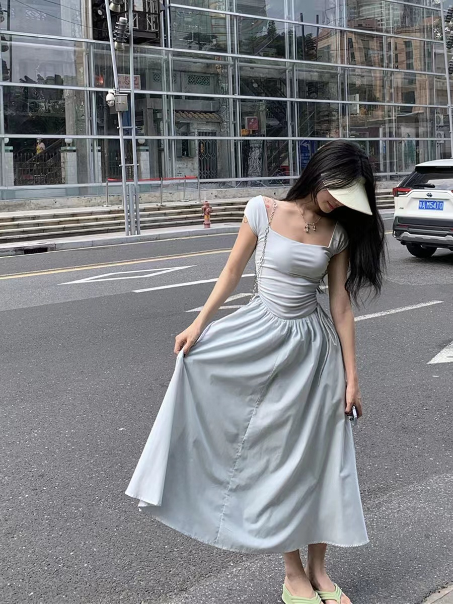 夏季小眾氣質設計方領短袖連衣裙新款抽繩韓版中長款裙子女小個子