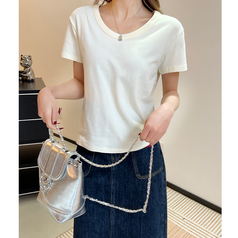 Real photo solid color short-sleeved T-shirt for women in summer 2025 new loose slim base shirt simple versatile top