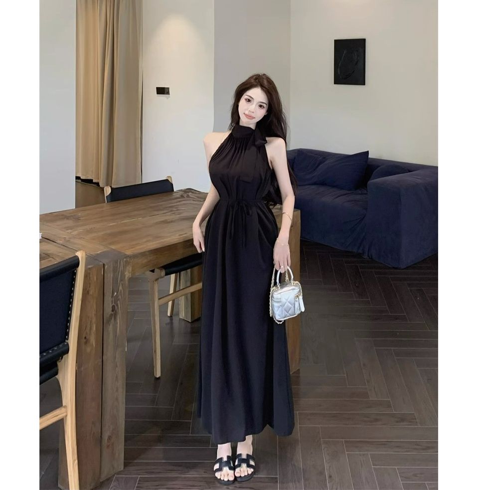 高級感女神范法式掛脖連衣裙女裝春夏季氣質裙子無袖獨特露肩長裙