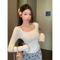 Real shot of spring Korean style square collar pure lace versatile long-sleeved base shirt underwear T-shirt top for women
