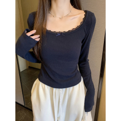 Real shot of spring Korean style square collar pure lace slim long sleeves T-shirt top for women