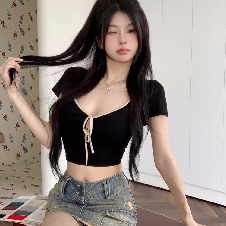 Modal cotton 260g v-neck strap short-sleeved T-shirt for women with tight waist tight chic sweet hot girls short chic small