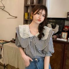 法式夏季娃娃領襯衫女高級感別致很仙的上衣設計感小眾t恤格紋