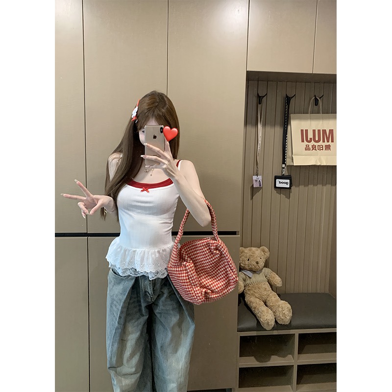 Men's cotton jacquard lace splicing fake two-piece suspender vest for women in summer slim design hot girl contrasting color top