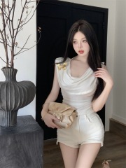 230g men's cotton white butterfly swinging collar sleeveless T-shirt French sweet and spicy slim short design backless top