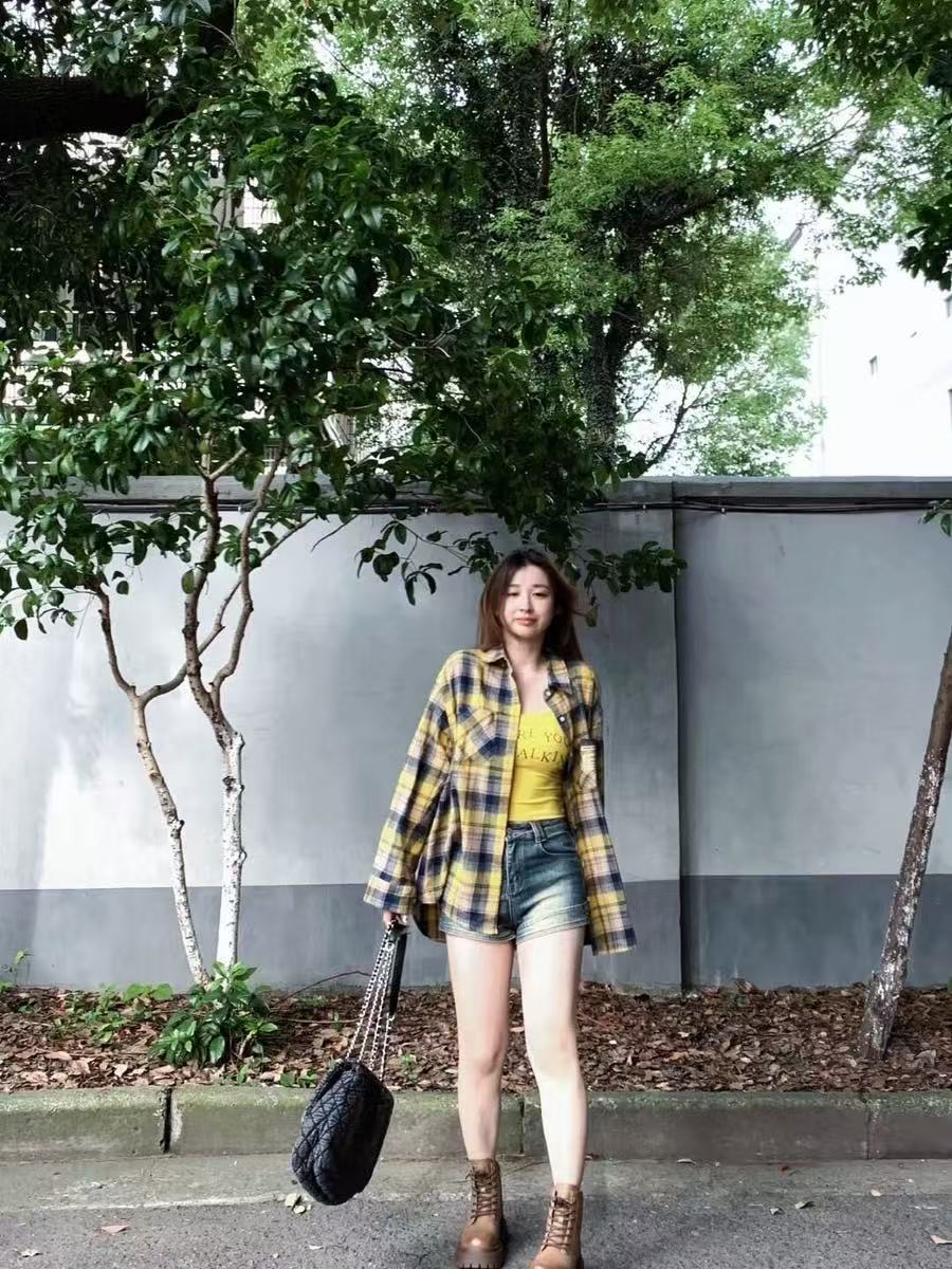 多巴胺穿搭純棉黃黑色格子襯衫女寬鬆慵懶風中長款襯衣防曬衫外穿