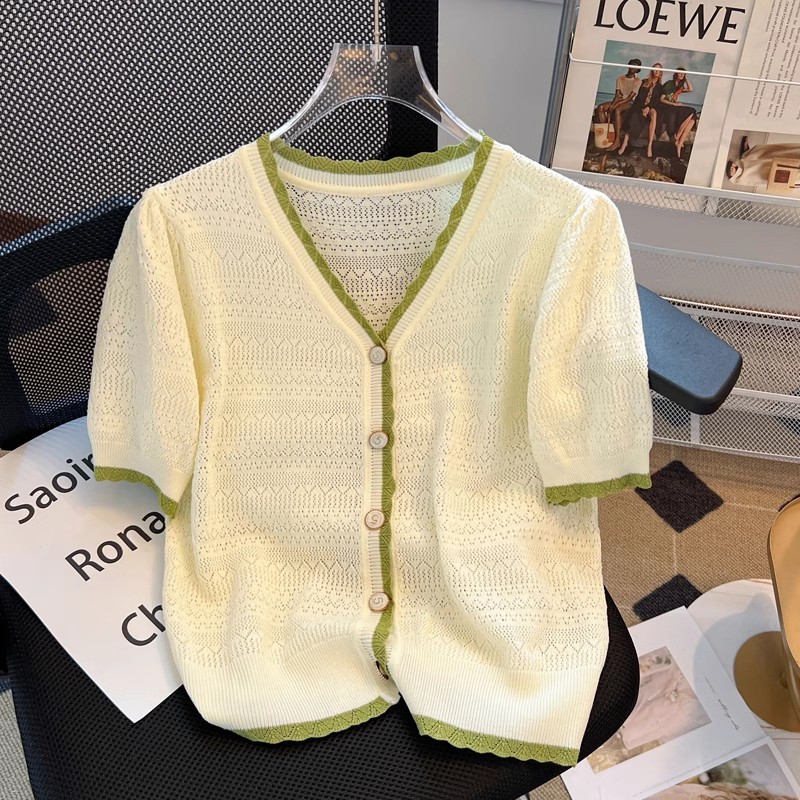 Small fragrance style hollow ice silk short-sleeved knitted cardigan for women's summer 2025 new small and chic v-neck top