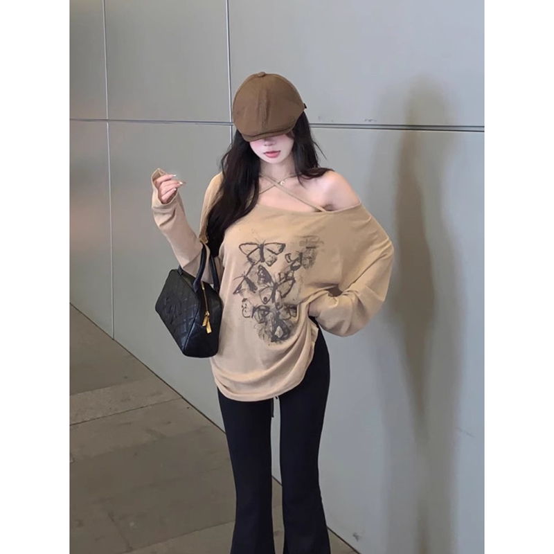原版面料純欲風掛脖蝴蝶印花露肩t恤辣妹穿搭