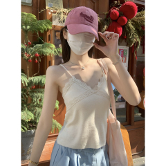 Real shot of spring and summer Korean version pure desire v-neck lace 6 wool sweater sweet suspender vest top for women