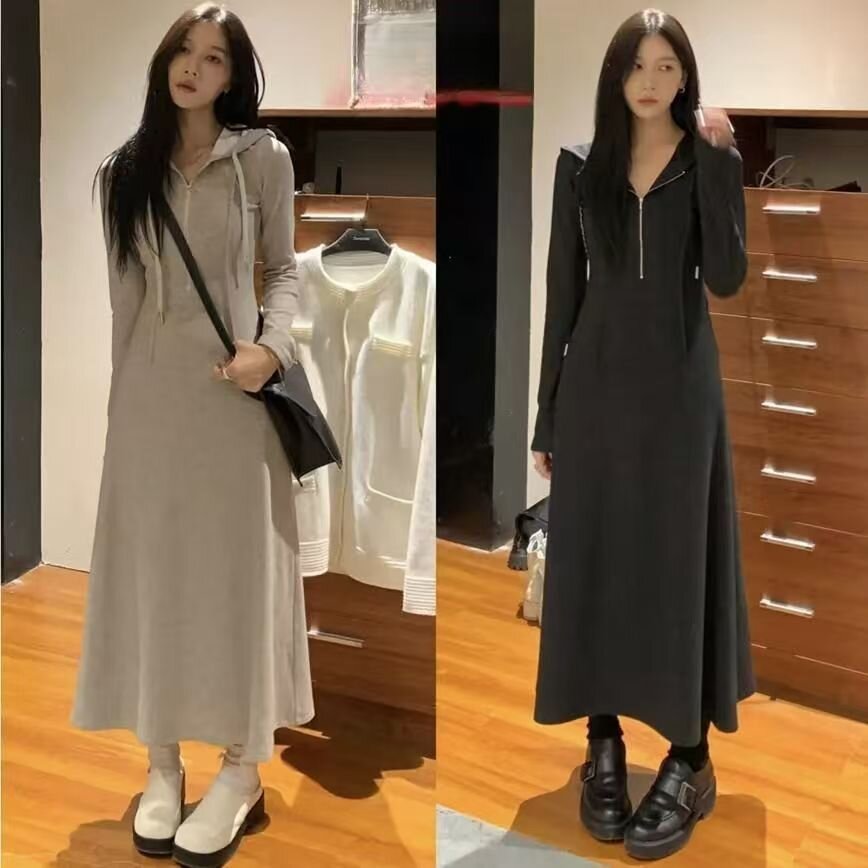 2025高個子長款連帽衛衣裙女春秋氣質收腰顯瘦長袖針連衣裙子