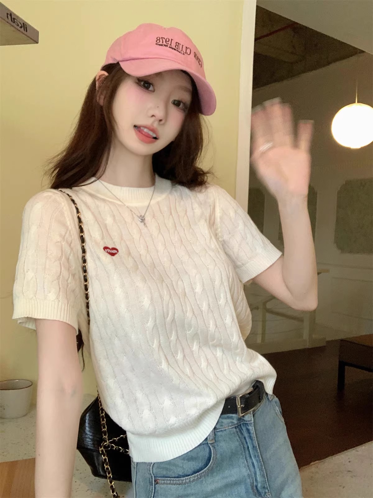 French embroidered T-shirt for women in summer new style twisted knitted short-sleeved slim shirt with a gentle top