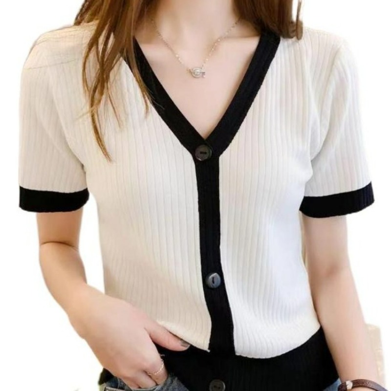New summer ice silk design short-sleeved T-shirt for women with slim fit and thin V-neck sweater tops small fragrance style