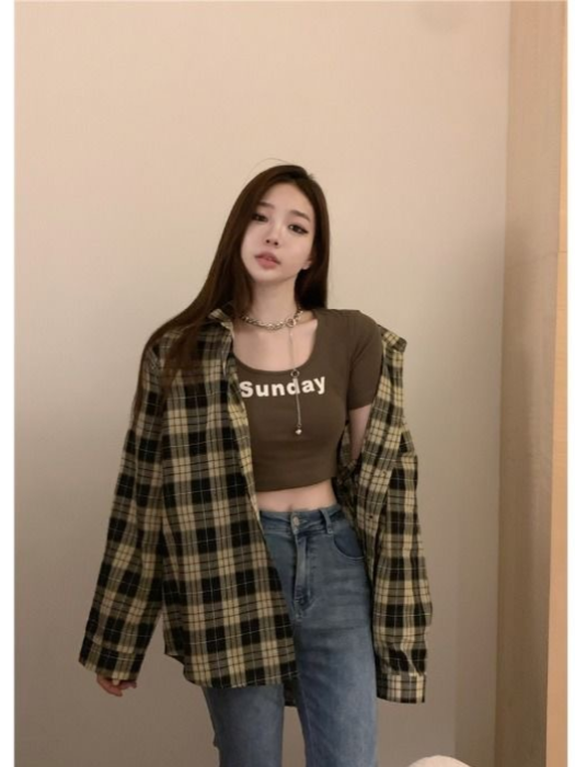 Retro plaid sunscreen shirt Polo collar button jacket for women's design niche loose long-sleeved shirt