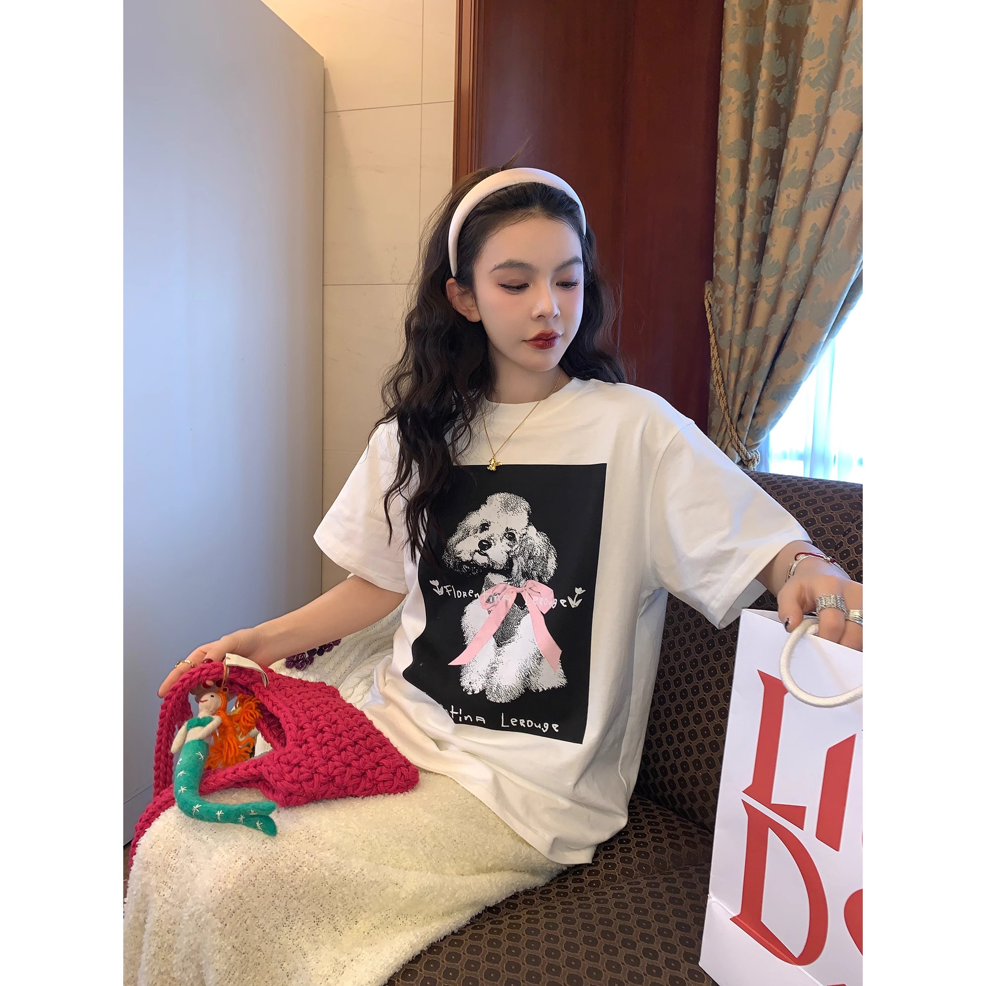 220g pure cotton American short-sleeved T-shirt for women's summer sweet girl loose round neck top