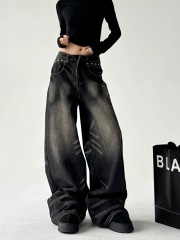 美式復古洗水磨白設計感牛仔褲女垂感闊腿寬鬆直筒褲梨型身材褲子