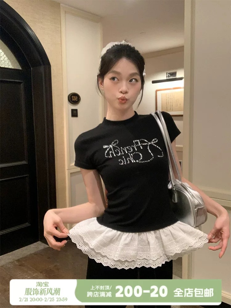 宋正恩蝴蝶結燙鑽花邊黑色短袖t恤女夏季修身顯瘦正肩短款上衣潮