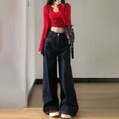 American retro high waist wide-leg jeans for women in autumn new loose flesh covering and slimming versatile draping floor pants