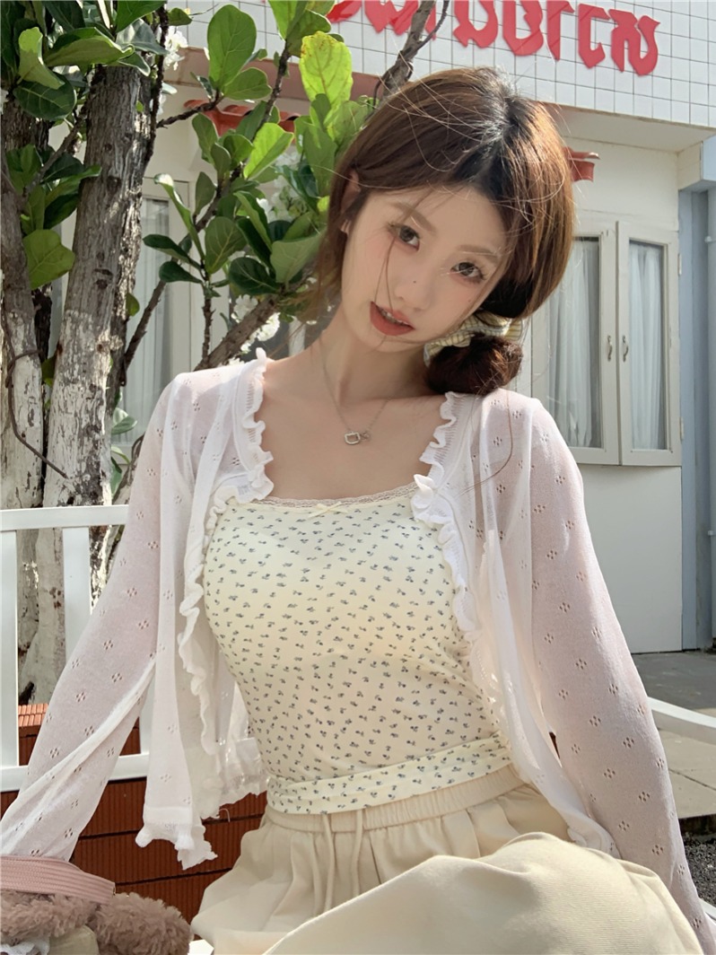 Real shot of summer Korean loose lace hollow imitation linen thin sunscreen cardigan knitted long-sleeved top