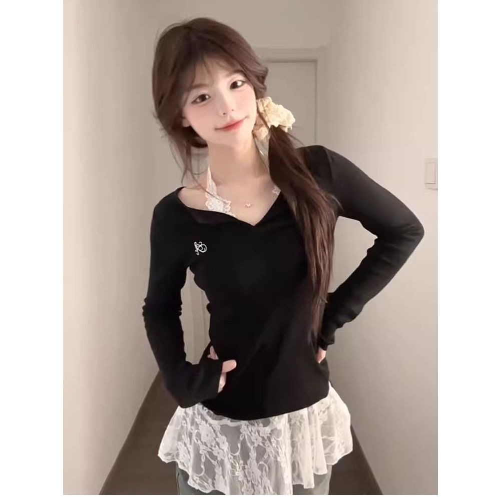 Developer black v-neck long-sleeved T-shirt women's base top