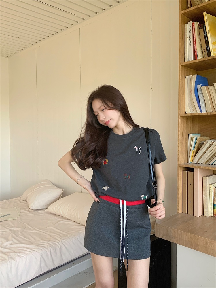260g Korean retro heavy industry embroidered short-sleeved T-shirt for women