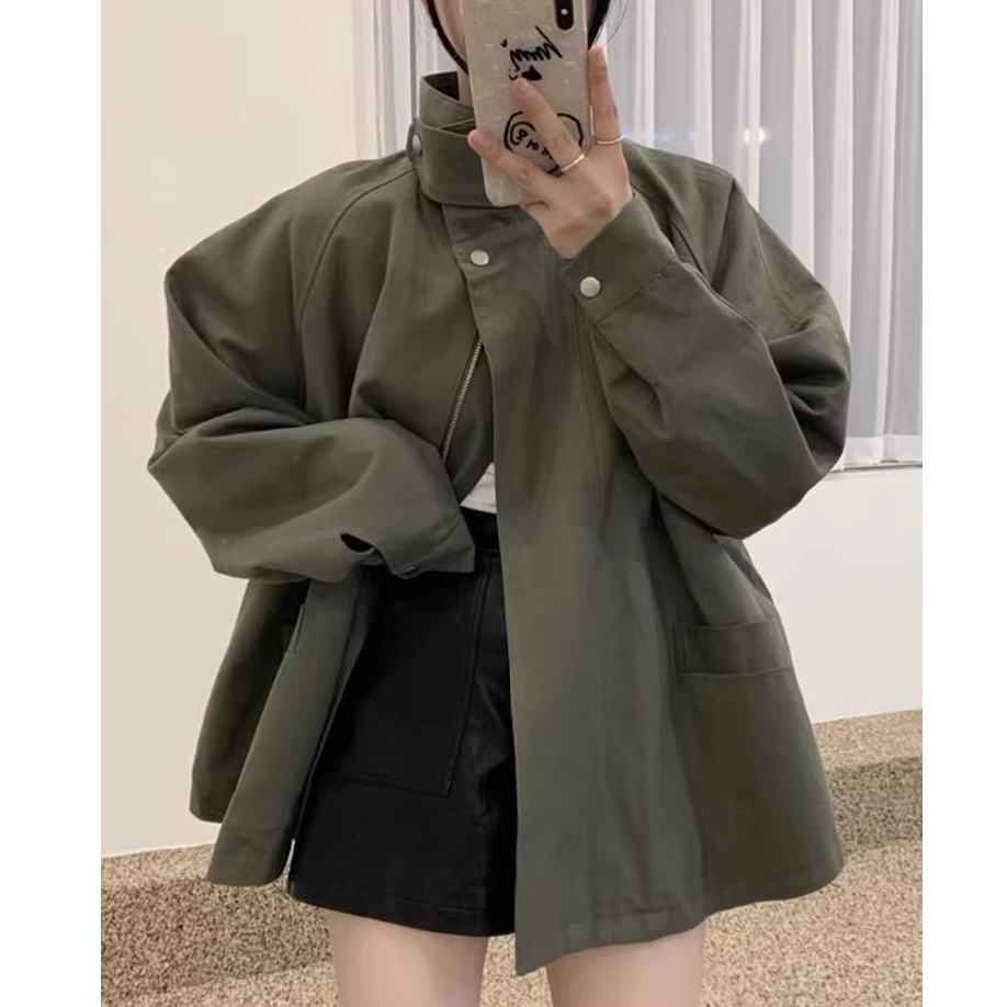 2025春裝韓國chi小眾立領斗篷設計大口袋寬鬆百搭長袖風衣外套女