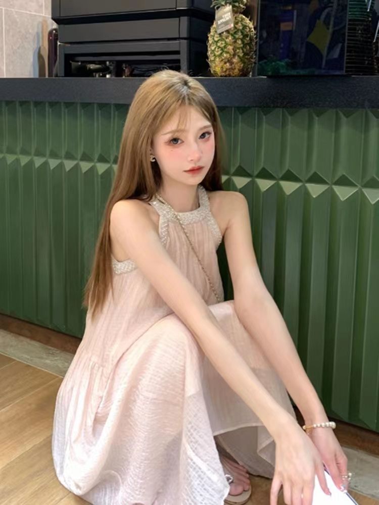 法式奶系掛脖公主高級感減齡連衣裙長裙顯瘦裙子珍珠晚宴裙