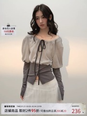 lvetong原創設計法式大圓領蝴蝶結系帶撞色收腰燈籠長袖上衣T恤女