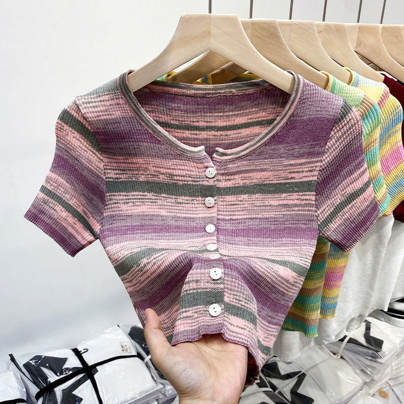 Chic short summer unique dopamine low-neck striped ice silk knitted shirt short-sleeved T-shirt female hot top