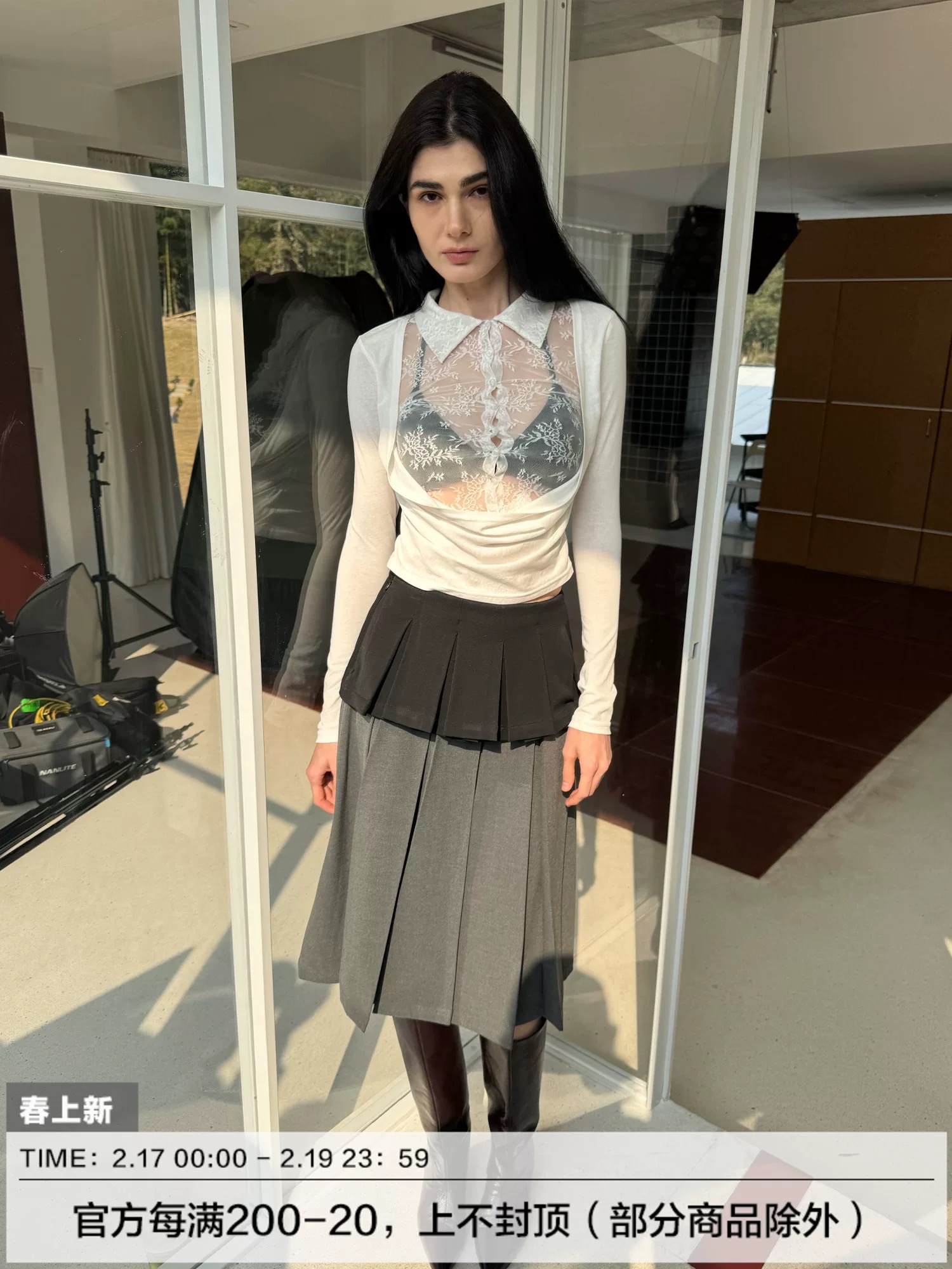 andnever e 假兩件蕾絲雪紡薄透盪領Polo長袖打底衫修身辣妹上衣