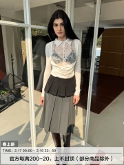 andnever e 假兩件蕾絲雪紡薄透盪領Polo長袖打底衫修身辣妹上衣