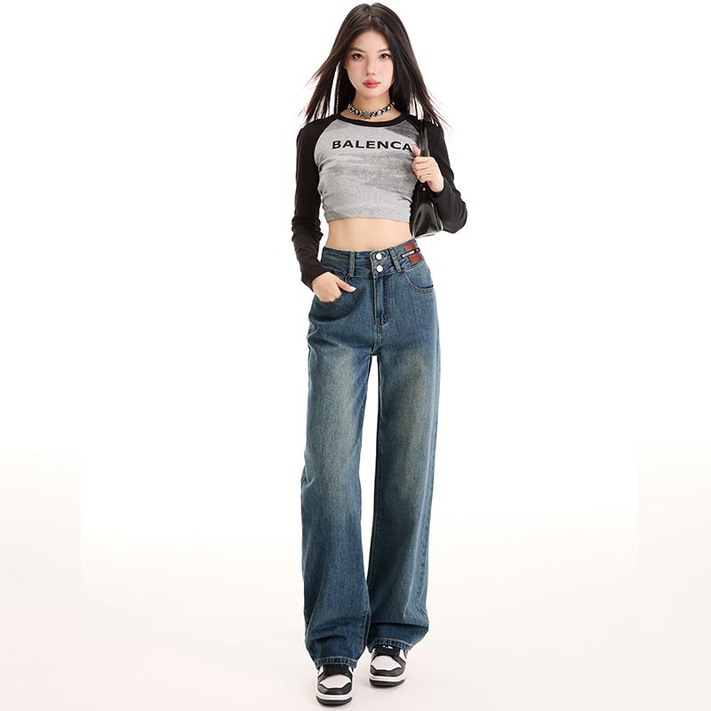 Real shot of 2025 spring fashion trend casual pants for women high waist straight wide-leg pants