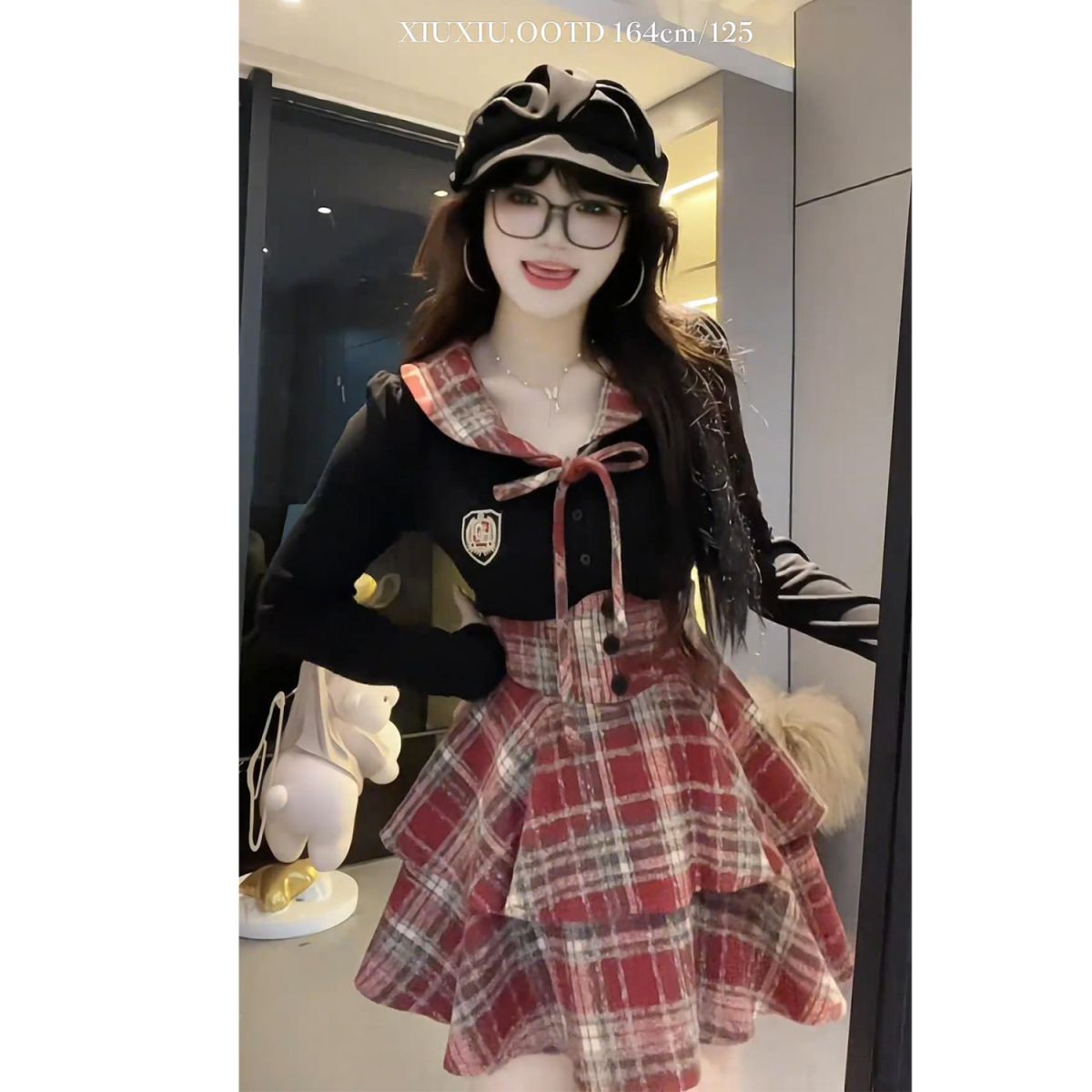 Pure desire style jk uniform suit for women autumn and winter splicing shirt + plaid trouser skirt to make them look slimming two-piece set