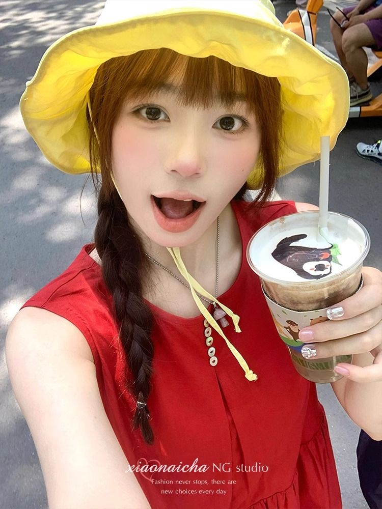 法式復古紅色無袖系帶背心連衣裙女夏季新款小個子收腰顯瘦中長裙