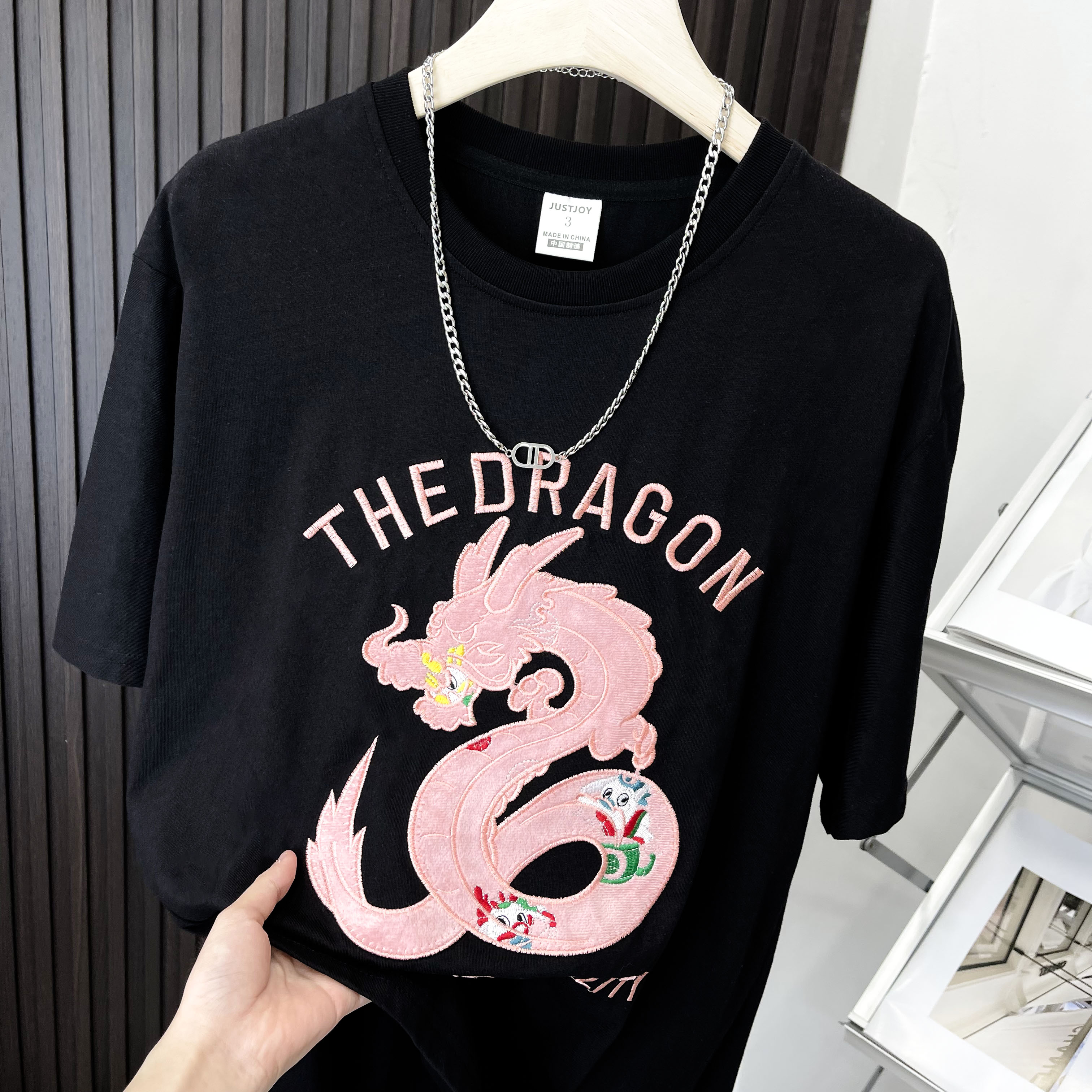 實拍 21支210g精梳純棉夏季大碼設計感新中式國風刺繡插肩短袖t恤