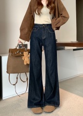 American Retro Deep Blue Women's Jeans 2025 Autumn New Style Versatile Floor-Length Loose Wide Leg Pants Long Pants