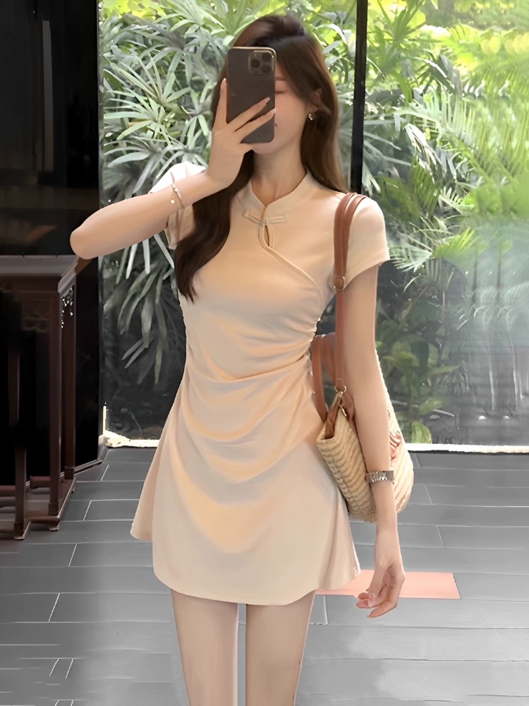 新中式國風短袖連衣裙女2025新款夏季小個子收腰顯瘦a字裙子夏天