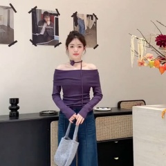 法式紫色一字肩掛脖修身針織打底衫女初秋韓系穿搭內搭長袖上衣薄