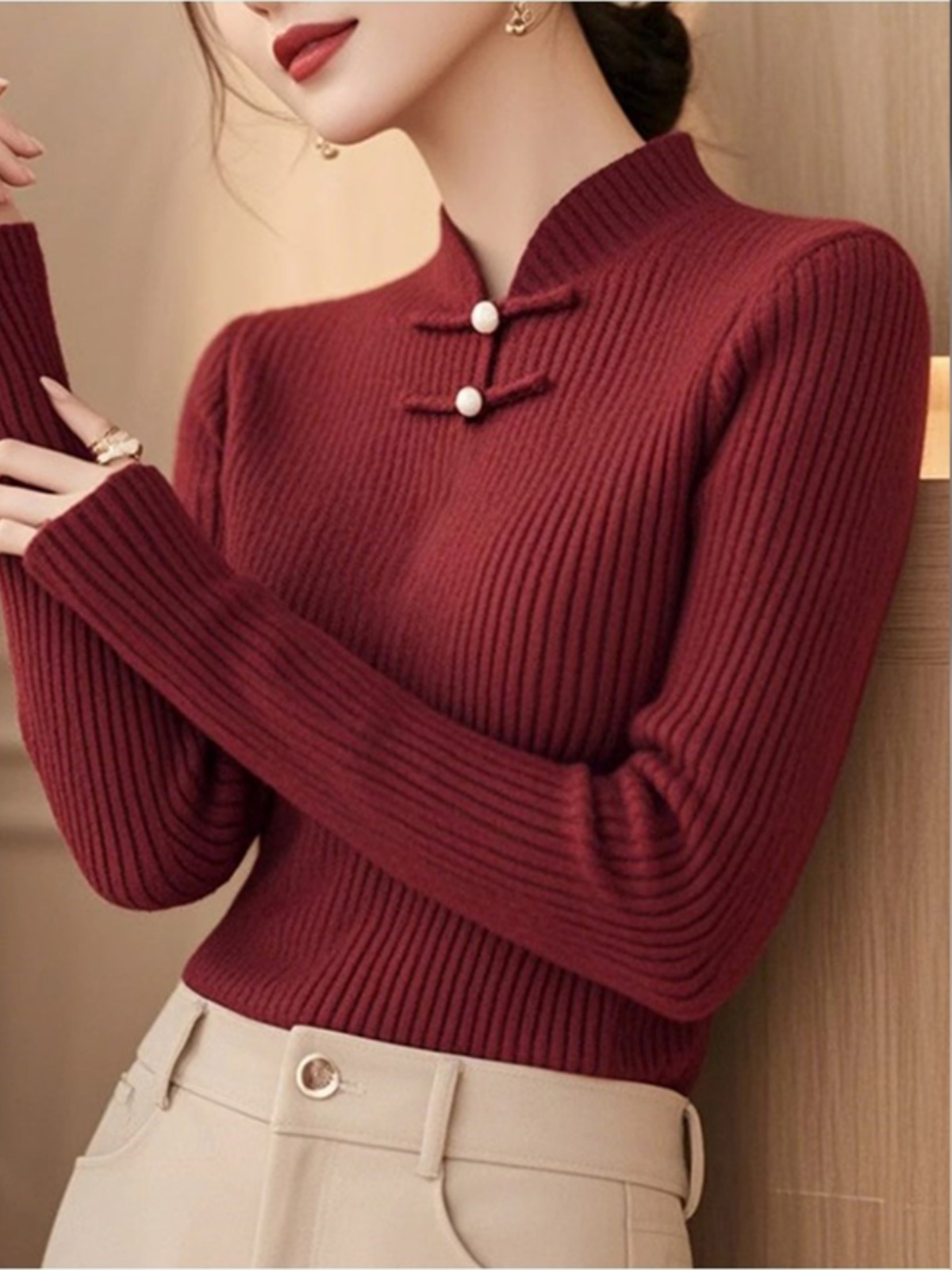 New Chinese style Angela red sweater top Spring women's 2025 new slim fit slim inner bottoming shirt