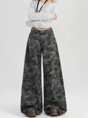美式高街迷彩工裝褲女高腰2025春季寬鬆闊腿顯瘦拖地牛仔褲子