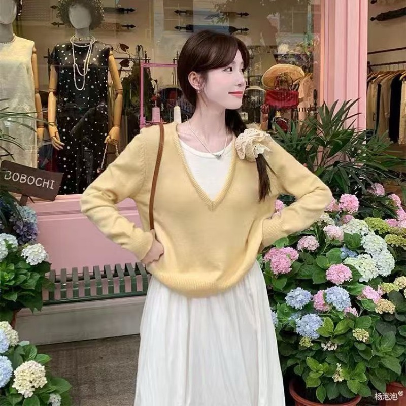 黃色拼接假兩件撞色v領毛衣女早秋寬鬆慵懶設計感小眾針織衫上衣