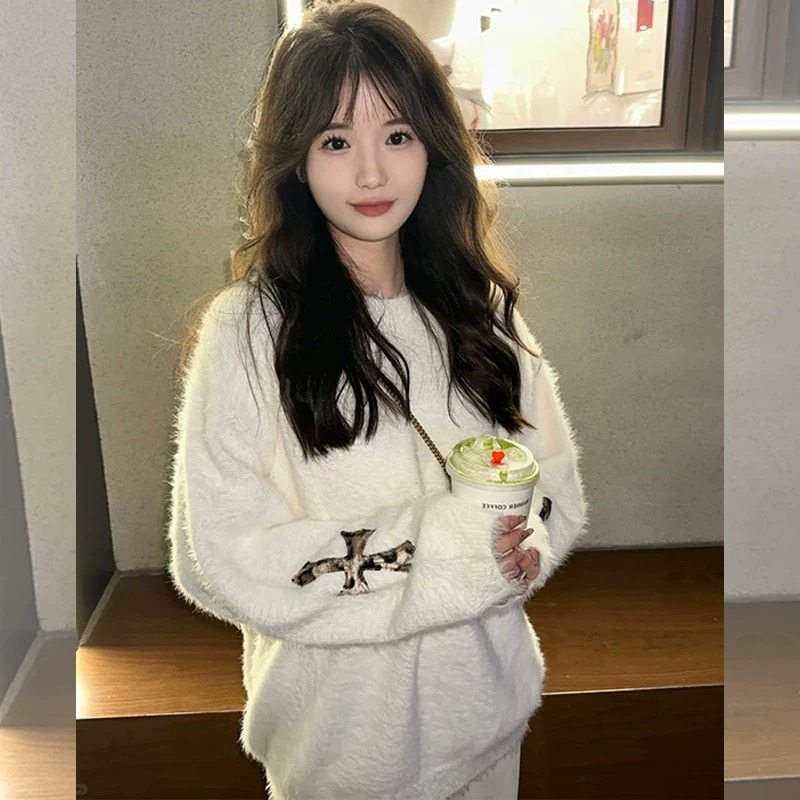 American lazy style top for women with cross loose long sleeve soft glutinous mohair sweater knitted autumn and winter 2025 new style