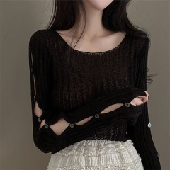 實拍 韓版清爽冰絲曲珠純色坑條圓領袖子紐扣薄款針織衫防曬罩衫