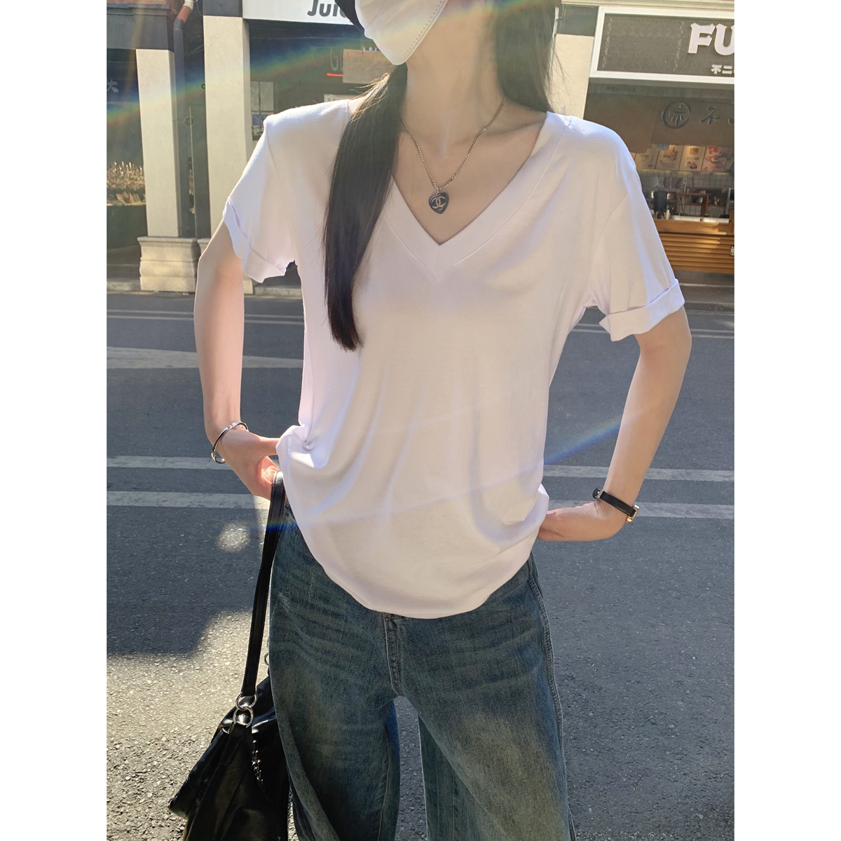 Real shot of spring and summer Korean version of V-neck loose lazy versatile simple modal short-sleeved T-shirt top for women