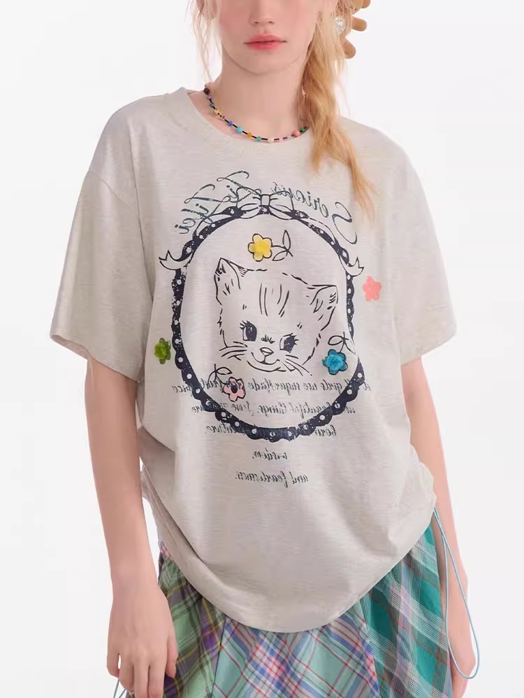 200g pure cotton American cat printed drawstring short-sleeved T-shirt for women's summer new loose design top