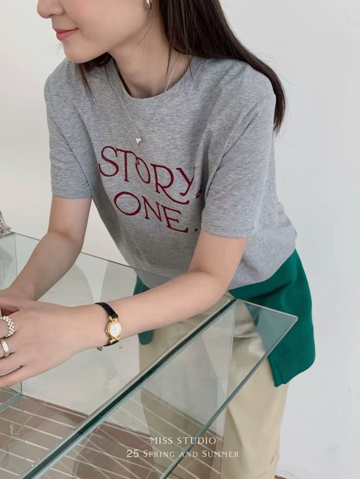 Imitation cotton milk silk# Korean personalized letter printing lazy style loose design versatile top