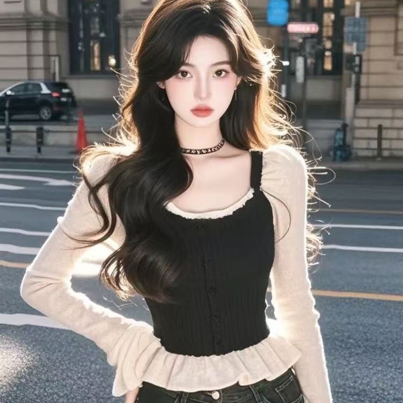 1*1 person cotton French retro contrasting color square collar flared sleeve shirt for women