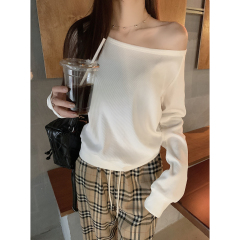 Real shot of spring Korean style loose and versatile temperament one-shoulder long-sleeved base shirt T-shirt top