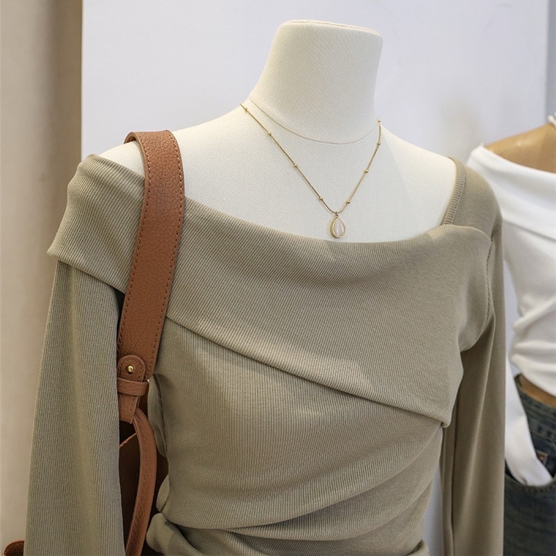 260g 92 cotton 8 spandex ~ slanted neck long-sleeved T-shirt for women with pure desire and off-shoulder slim and slim top