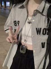 Chic lazy style striped letters short-sleeved shirt for women in summer loose retro design half-sleeved top