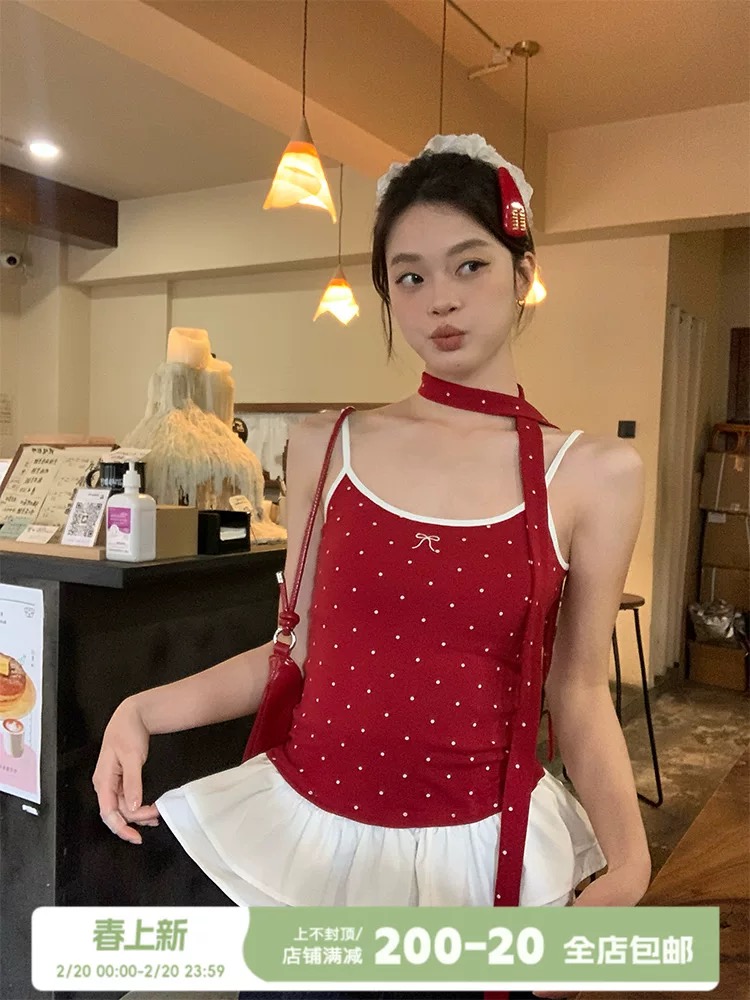 宋正恩波點紅色吊帶背心女夏季新款蝴蝶結花邊修身顯瘦短款上衣潮